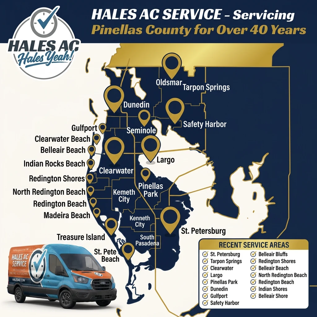 Hales AC Service area map of Pinellas County, Florida — service locations across St. Petersburg, Clearwater, Largo, Dunedin, Tarpon Springs, Seminole, Pinellas Park, Safety Harbor, Gulfport, the Redington and Belleair beach communities, and surrounding areas.
