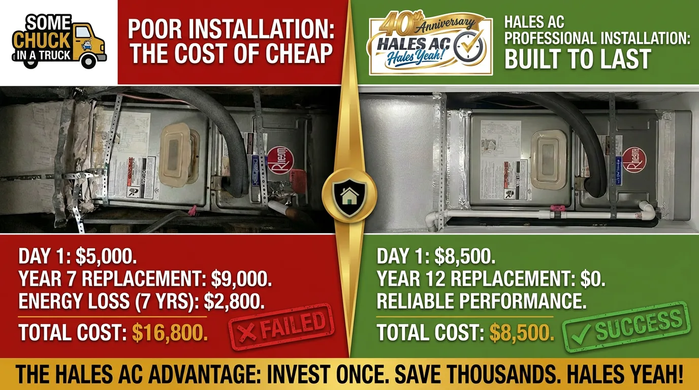 Hales AC technician inspecting an air conditioning installation